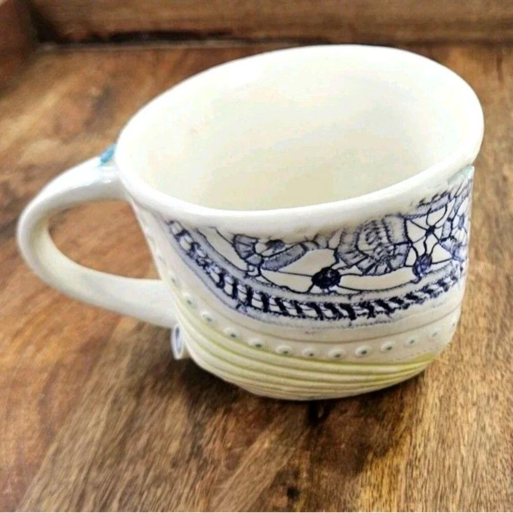 Studio Art Pottery Slab Built Coffee Tea Mug Abstract Floral Blue Green White Lg